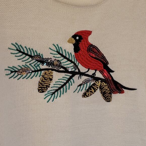 Croft & Barrow Adorable Cardinal on Pine Branch Sweater White Size XL Sequins - Picture 2 of 10